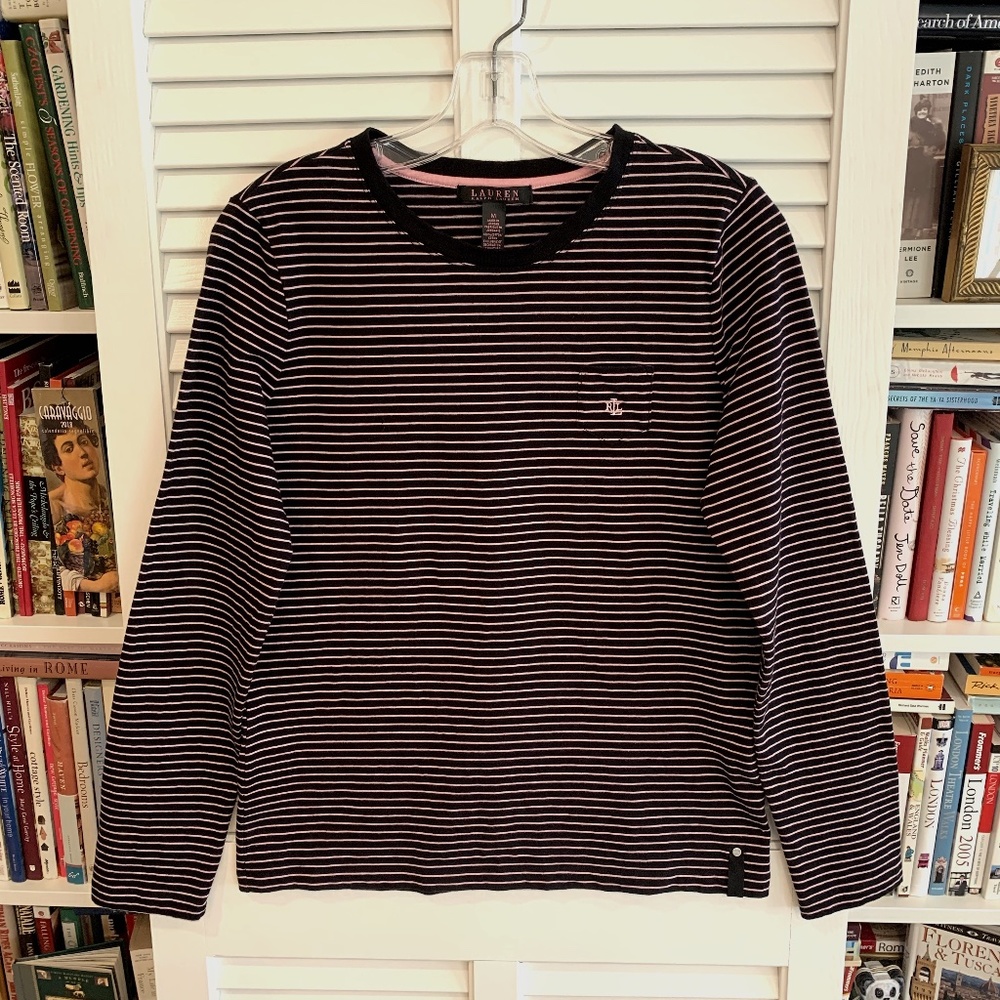 Lauren Ralph Lauren Black with Pink Stripe Long Sleeve Tee M